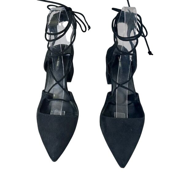 ZARA BASIC! BLACK GENUINE LEATHER CHUNKY HEEL POINTY, LACED ANKLE HEELS! SZ 8.5M - Picture 4 of 10
